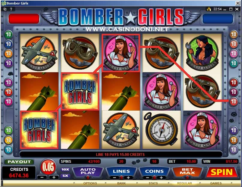 Bomber Girls Online Casino Slotmachine - volle Gewinnlinie mit WILD Symbol
