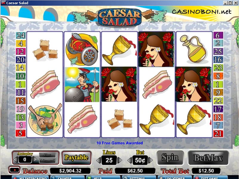  den 20 Linienslot 'Caesar Salad' online spielen und mit etwas Glück durch 3 Scattern das Freispiel Feature erreichen 