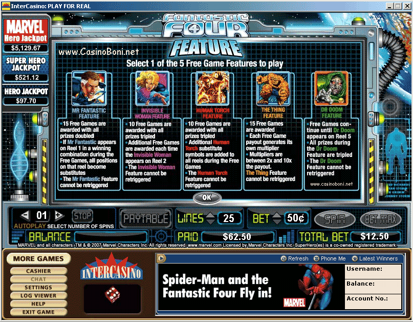  Bonus Spiel Menue bei Fantastic Four - Casino Slot Online