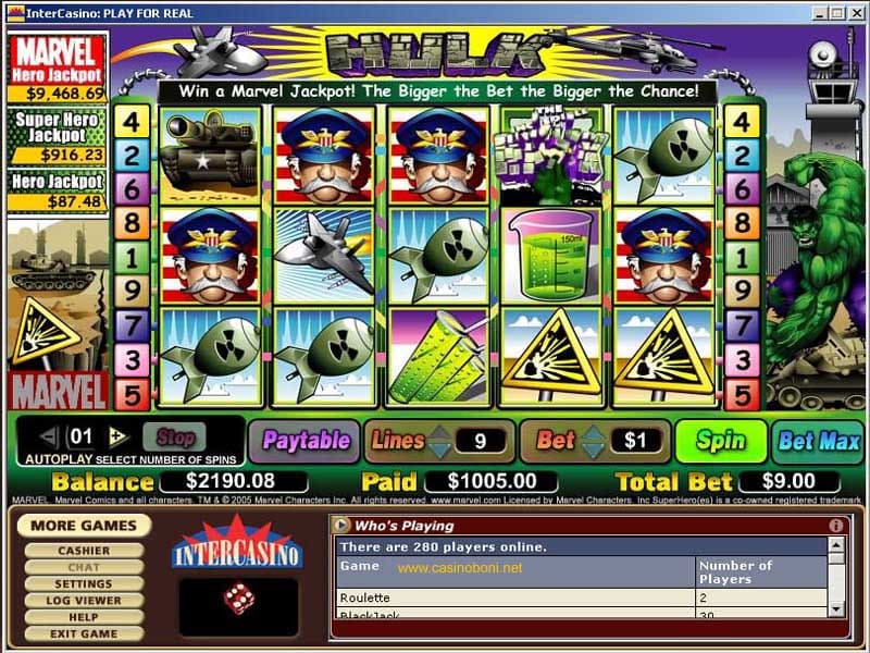 100$ Gewinn mit nur 9$ Spieleinsatz an der Marvel Video Slotmachine Hulk im USD Casino der Intercasino Gruppe