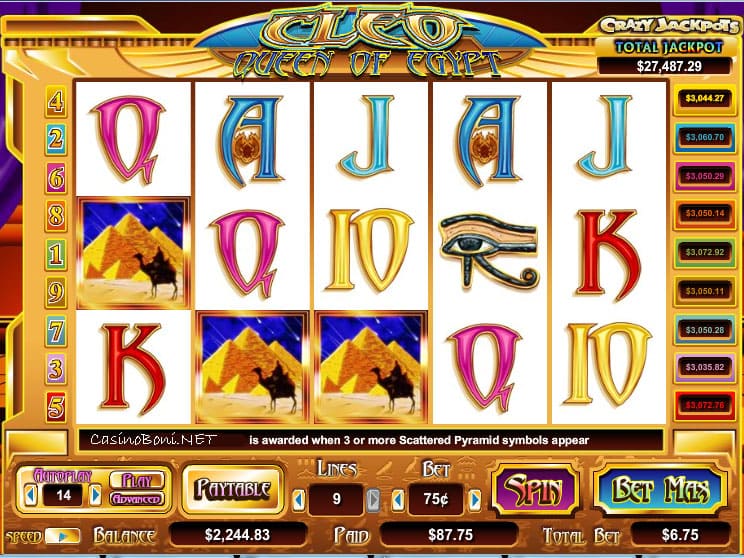  Cleo Queen of Egypt online spielen und mit 3 Scattern (Pyramidensymbol) ins Bonusspiel gelangen  