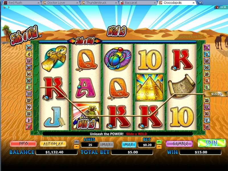Dreifacher Multiplikator für alle Casino gewinne mit dem Wildsymbol auf der zweiten Walze im Casino Online Videoslot - Crocodopolis 
