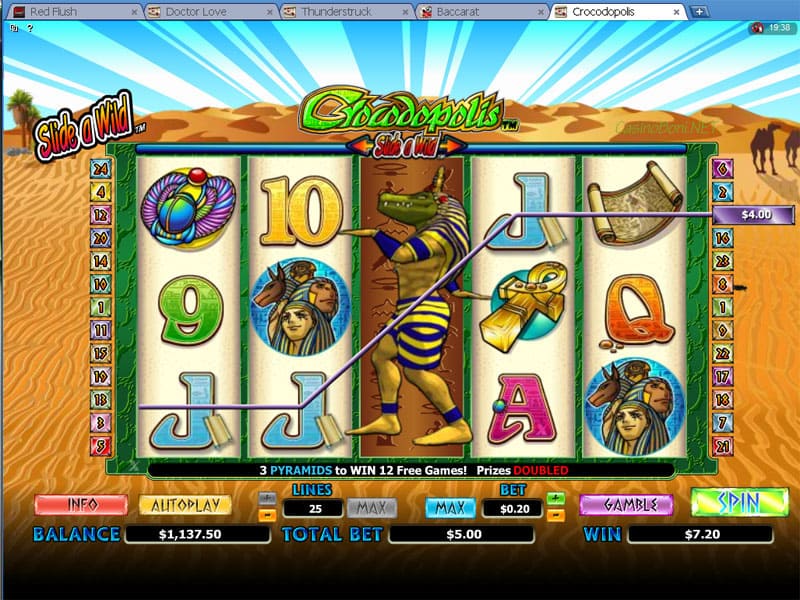  Expanding Wild auf der dritten Walze durch die Slide The Wild Funktion beim Online Casino Slotautomaten 'Crocodopolis' 