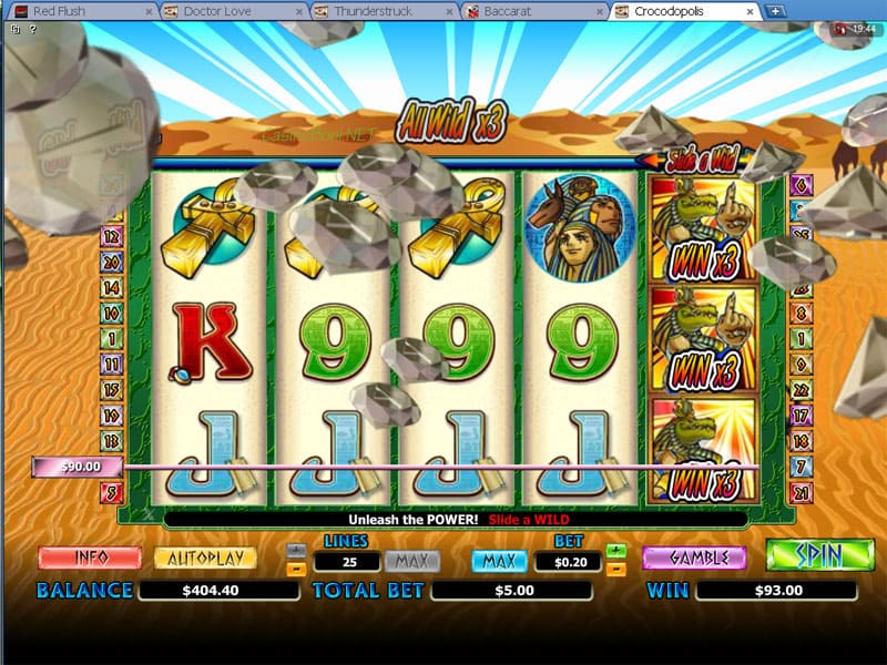  Permanentes Wild auf der kompletten 5 Walze mit 3fachen Multiplikator durch die innovative Slide The Wild funktion im Casino Online Spielautomaten - Crocodopolis 