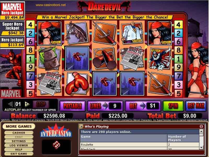 225$ Gewinn + Casino Bonus Feature an der Marvel Video Slotmachine Daredevil im USD Casino der Intercasino Gruppe