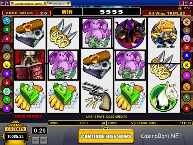  55 facher Gewinn bei dieser vierer Linie mit Wild im Freispiel Bonus Game des Online Casino Slots - Dogfather 