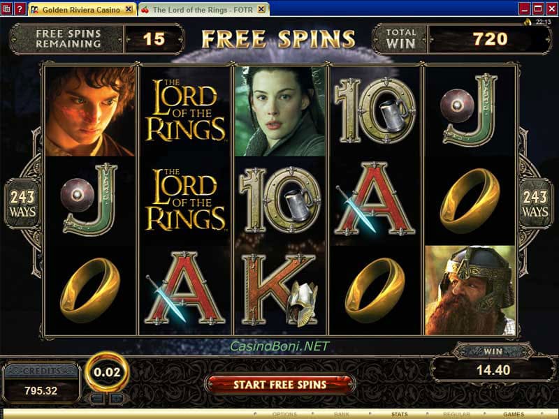  ab 3 Scatter ( Ring Symbol ) wird das Freispiel Feature im Herr der Ringe Casino Slotautomat gestartet 