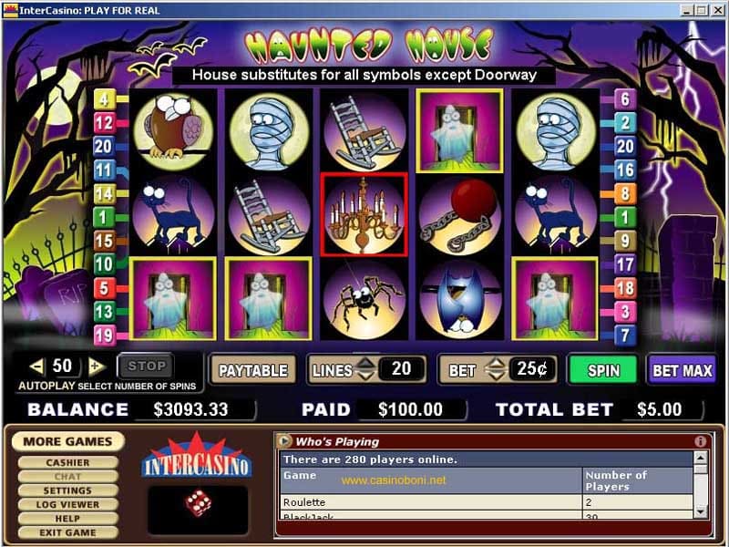 100$ Gewinn mit nur 5$ Spieleinsatz an der Haunted House Slotmachine Hulk im USD Casino der Intercasino Gruppe