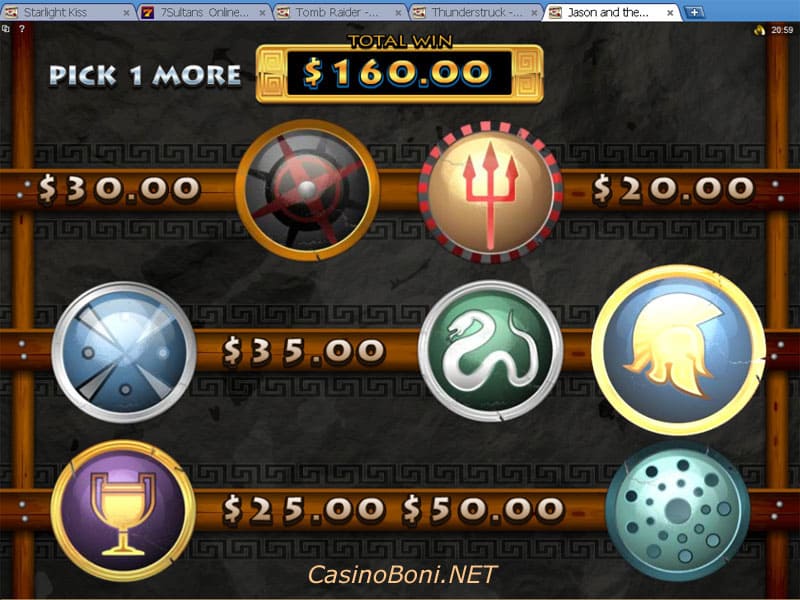 wähle sechs Schilder aus um Casino Gewinne im Shield Bonus Game des Jason And The Golden Fleece Spielautomaten zu erhalten 