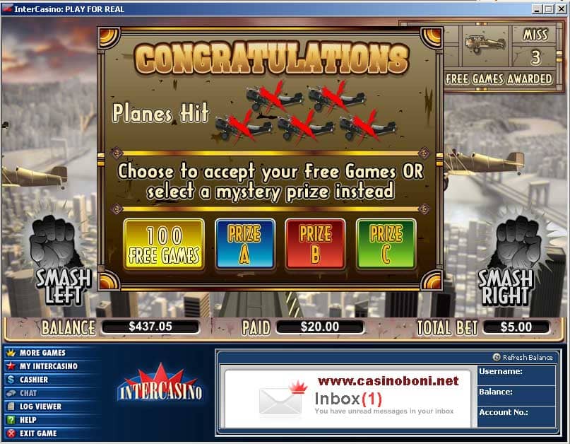 Online Casino Spiel King Kong - Resultat des Freispiel Auswahl Feature mit Mystery Money Wahlmöglichkeit