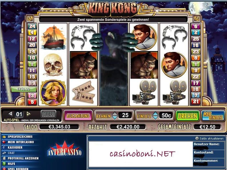 Online Casino Slotautomat King Kong - 2500€ Gewinnbild ausserhalb der Freispiele 