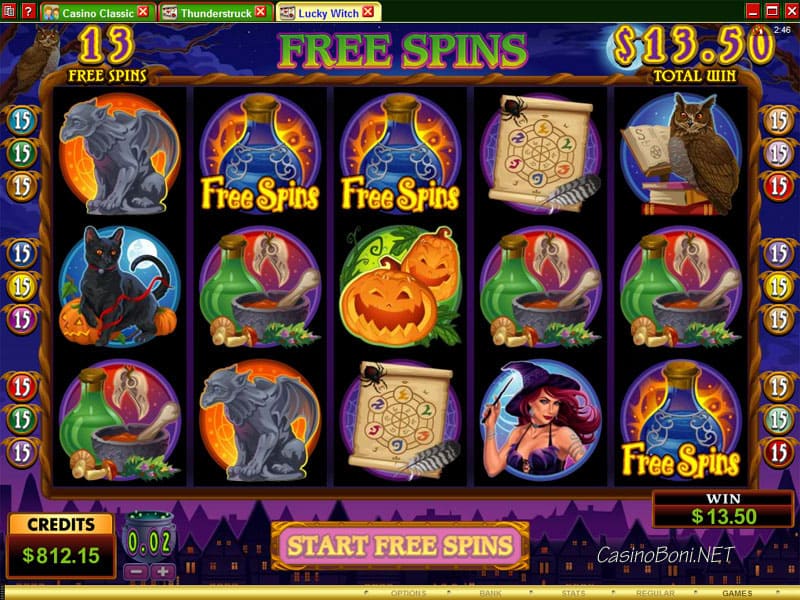 Im Online Casino Videolslot 'Lucky Witch' lösen mindestens 3 Scatter das Freispiel Bonus Game mit 13 Freespins aus. 