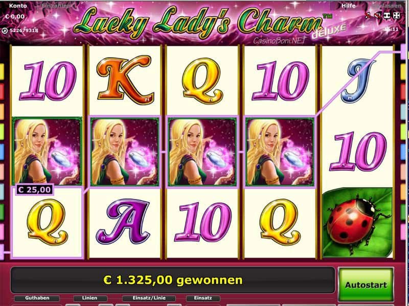 Casinogewinn von 1325 Dollar im Novoline Casinoslot 'Lucky Lady's Charm' mit dieser vierer Wild Gewinnkombination
