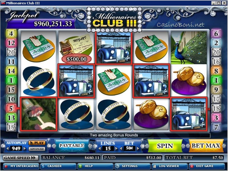 spielen Sie am Online Casino Videoslot Millionaires Club 3 das Diamantenbonusspiel um viele Geldgewinne