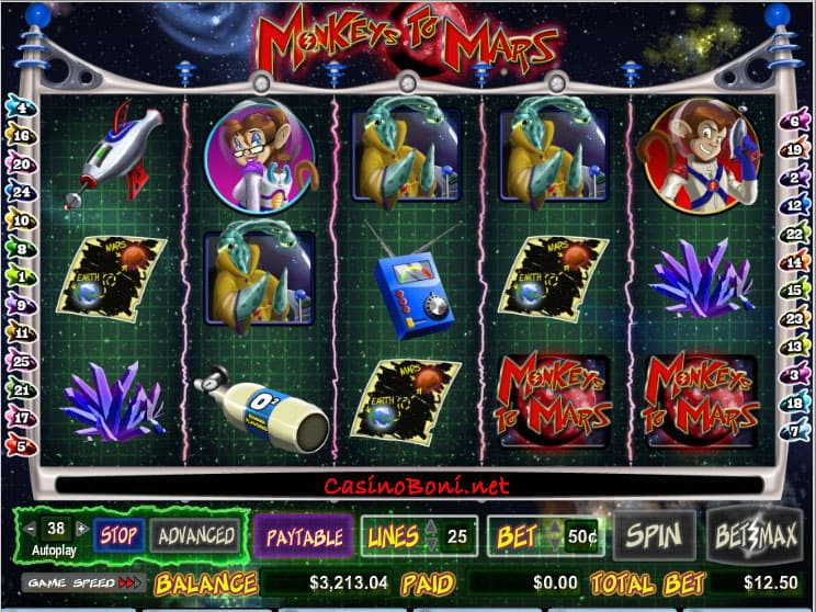  Im Online Casino Slot - Monkeys To Mars mit den Scattersymbolen auf der 2, 3 und 4 Walze das Asteroid Bonus Feature starten 