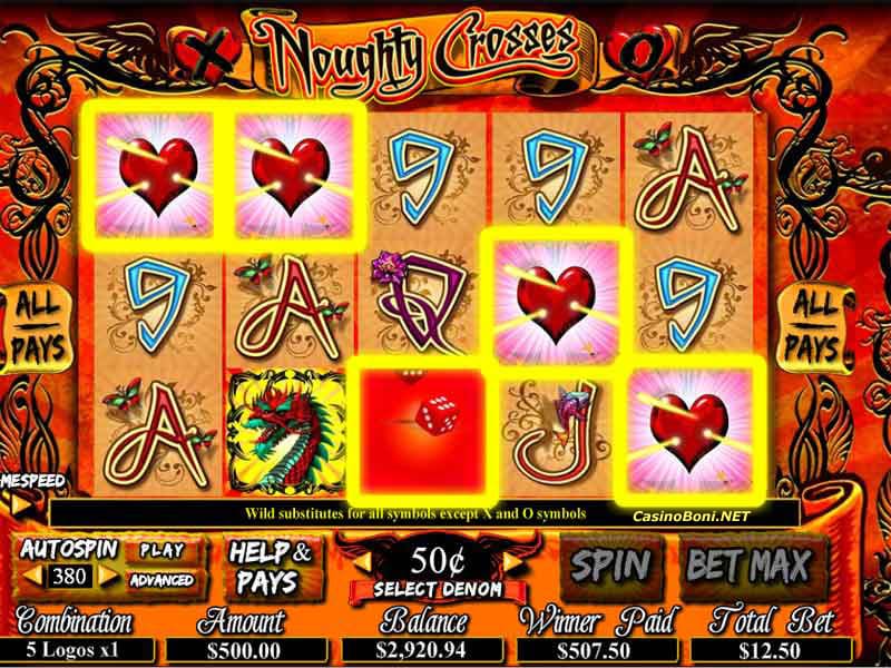  40 facher Casino Gewinn im All Pays Kasino Slotautomat 'Noughty Crosses' durch eine Gewinn Kombination des Noughty-Crosses-Symbol und einem Wildsymbol 
