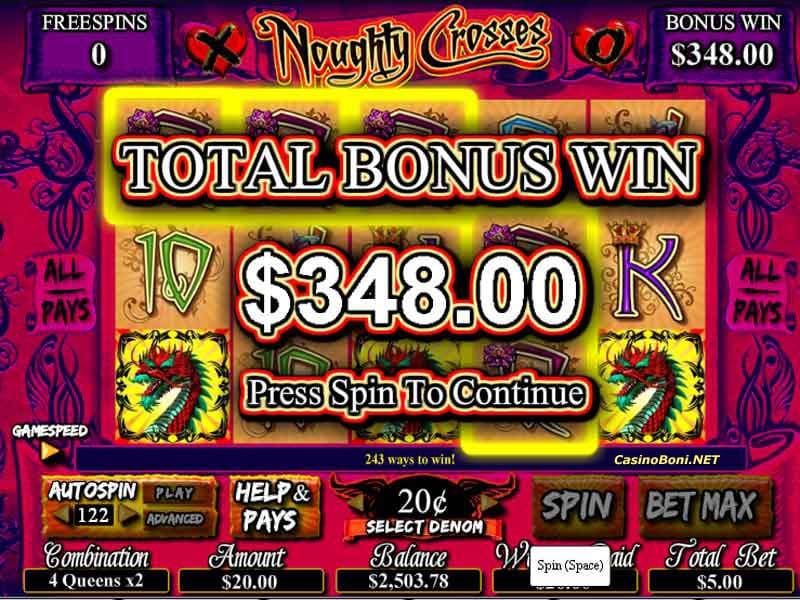 cooler Casino Gewinn von 348 Dollar im Bonus Feature des Online Casino slot Noughty Crosses während unseres Spieletest im Intercasino