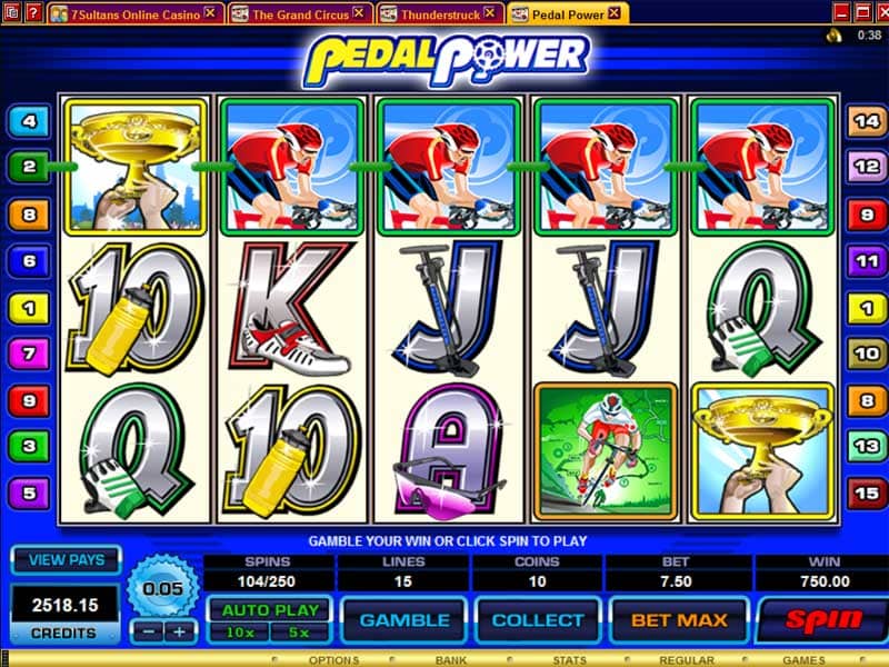  cooler Casino Gewinn von 750 Dollar im Online Casino Videoslots 'Pedal Power' durch diese volle Gewinnkombination 