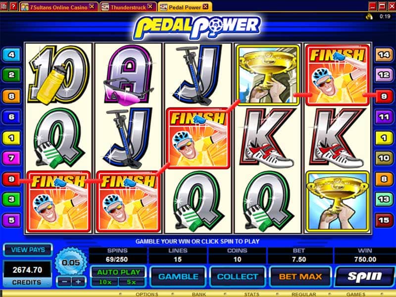  cooler Casinogewinn von 750 Dollar mit einer vollen Reihe  'Gelber Trikos' beim Online Casino Videoslot 'Pedal Power' 