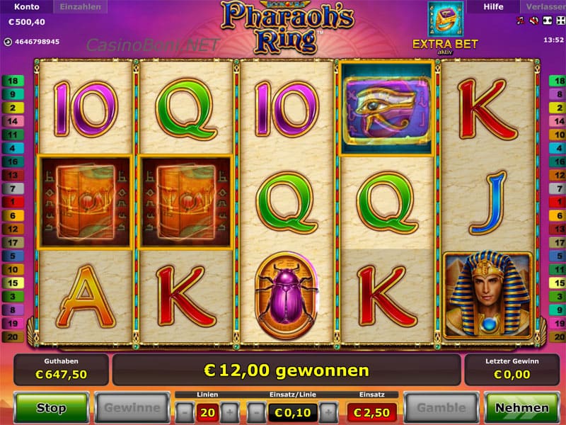 10 Gratisdrehungen erhält der Spieler im Freispiel Feature des Pharaos Ring Onlinecasino videoslot wenn mindestens 3 Büchersymbole auf beliebigen Walzen auftauchen 