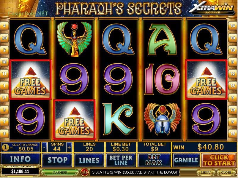  Mindestens drei Scatter -- Pyramiden Symbol -- lösen das Pharaos Secrets Online Casino Bonus Game aus 