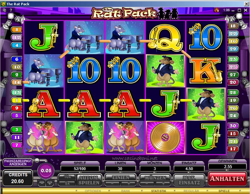 Online Casino Slot - The Rat Pack - voll in Farbe, aber nur ausserhalb der Free Spins