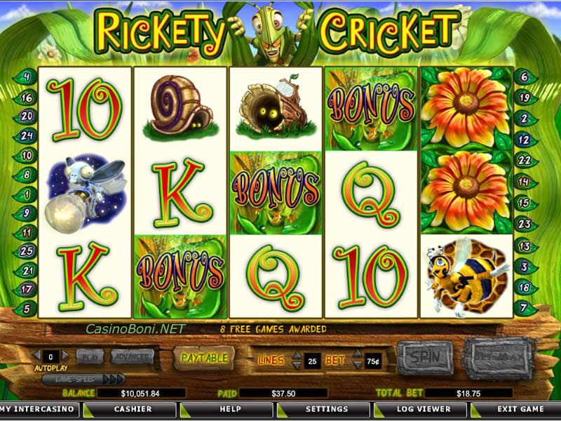  3 Bonussymbole auf den mittleren Walzen lösen das Freespin Bonus Game im Rickety Cricket - Slotautomat aus 