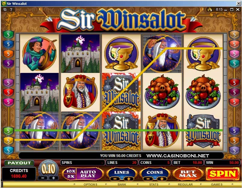  vierer Reihe mit Wildsymbol beim Online Kasino Slot - Sir Winsalot 