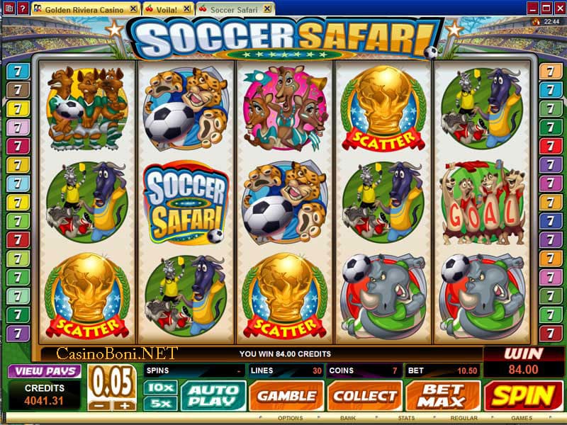  im Soccer Safari Slot lösen mindestens 3 Pokale Symbole (Scatter) das 'Go For Goal' Online Casino Bonus Game aus 