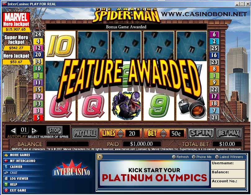 Online Casino spielen - Spiderman Bonus Feature Gewinn - 5 Scatter 