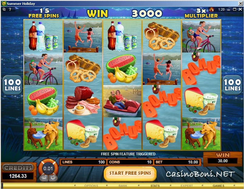  15 
Free Spins durch 3 Scatter im Freispiel Feature des Online Casino Freespin - Bonus Slot - Summer Holiday 