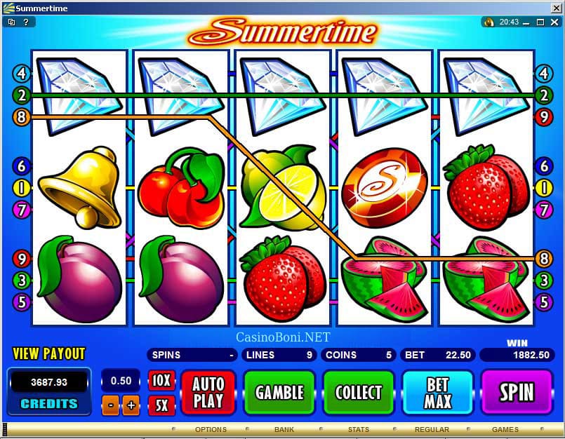  toller 83 facher Gewinn durch eine volle Reihe Diamanten im Casino Online Videoslot 'Summertime' 