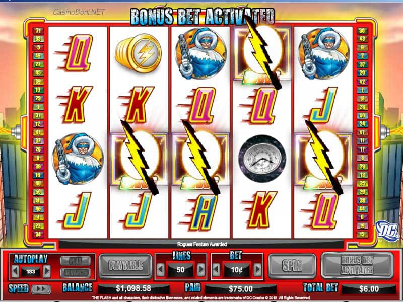 Durch diese 4 Bonussymbole erh�lt der Spieler, bei aktivierten Bonusbet, 12 Freispiele im Freespin Feature des Internet Kasino Slotautomaten - The Flash Velocity 