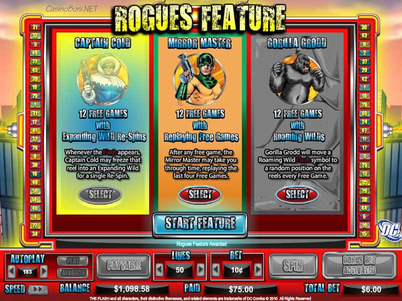  Im Rouge Feature des Online Casino Videoslots The Flash Velocity kann der Spieler sich zwischen 3 verschiedenen Extras entscheiden. 
