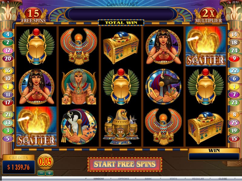  15 Freispiele mit zweifachen Multiplikator durch Scatter auf der ersten und fünften Walze im Online Casino Spielautomat - Throne of Egypt 