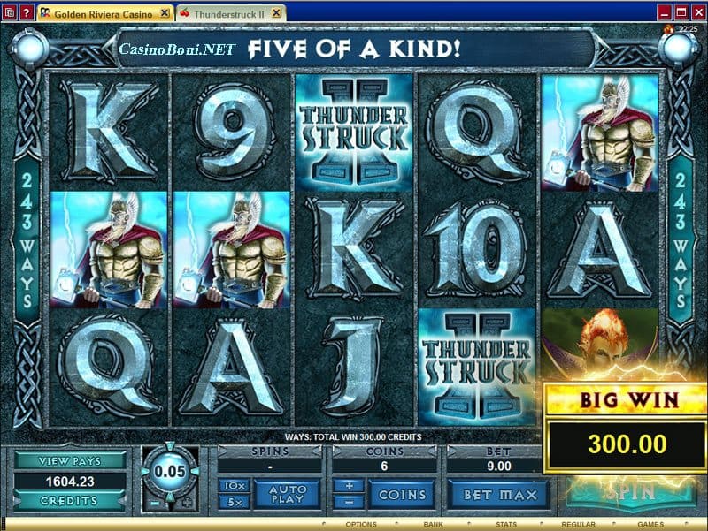  33 facher Gewinn beim Casino online Slot Thunderstruck II - durch eine volle Reihe mit 2 Wild Symbolen 