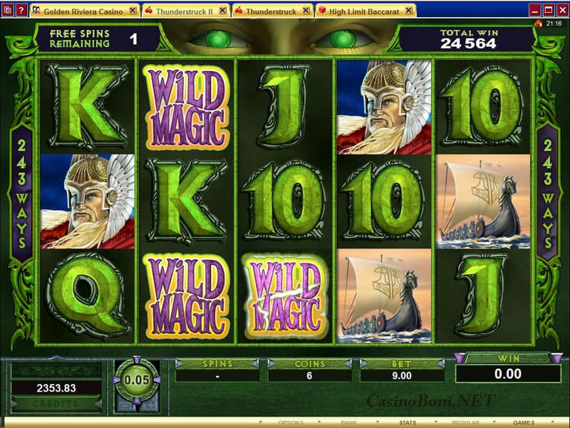  im Loki Feature des Online Casino Slots Thunderstruck II ergänzen Magic Wild Symbole die Gewinnlinien 