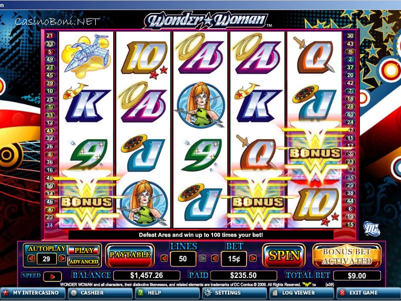  ab 3 Bonus Symbole im Internet Kasino Slot - wonder Woman wird das Ares Showdown Feature ausgespielt 